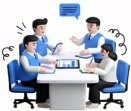 3D 카툰풍 회의 장면 — 파란 조끼와 흰 셔츠 차림의 직장인 4명이 흰 회의 테이블에 모여 태블릿과 서류를 보며 의견을 나눈다