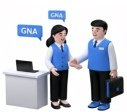 파란 조끼 유니폼을 입은 지엔에이 여직원과 남직원이 리셉션 데스크 앞에서 악수하며 인사하는 3D 캐릭터 일러스트, 머리 위로 'GNA' 말풍선 2개