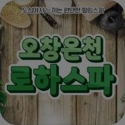 오창온천 로하스파 포스터 — 나무 판 배경 위 녹색 볼드 타이틀 '오창온천 로하스파', 상단 작은 흰 캡션 '도심에서 느끼는 편안한 힐링스파', 좌상단 대나무 매트·브러시, 우상단 검은 털 동물 머리 오브젝트, 하단 좌측 초록 잎