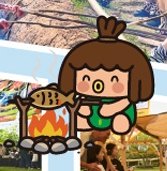 모닥불에 생선을 굽고 있는 단발머리 원시인 소녀 마스코트 일러스트