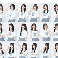 白いTシャツとグレーのプリーツスカート姿のアイドルグループのメンバー集合カット