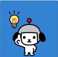 青地の上で電球のひらめきマークを浮かべた白いロボット風キャラクター(頭にアンテナと丸いイヤーパーツ)